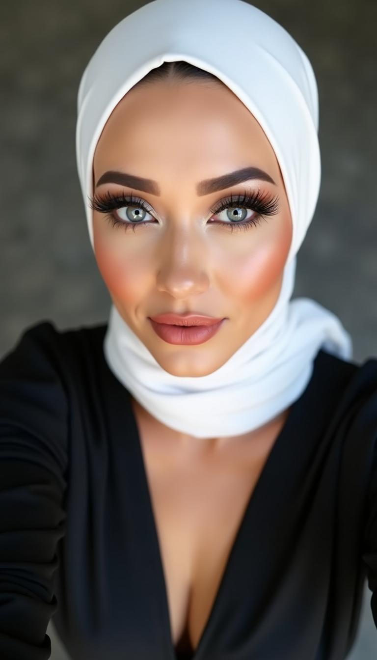 A stunning selfie of a European woman in her 40s, captured from a bird's eye view