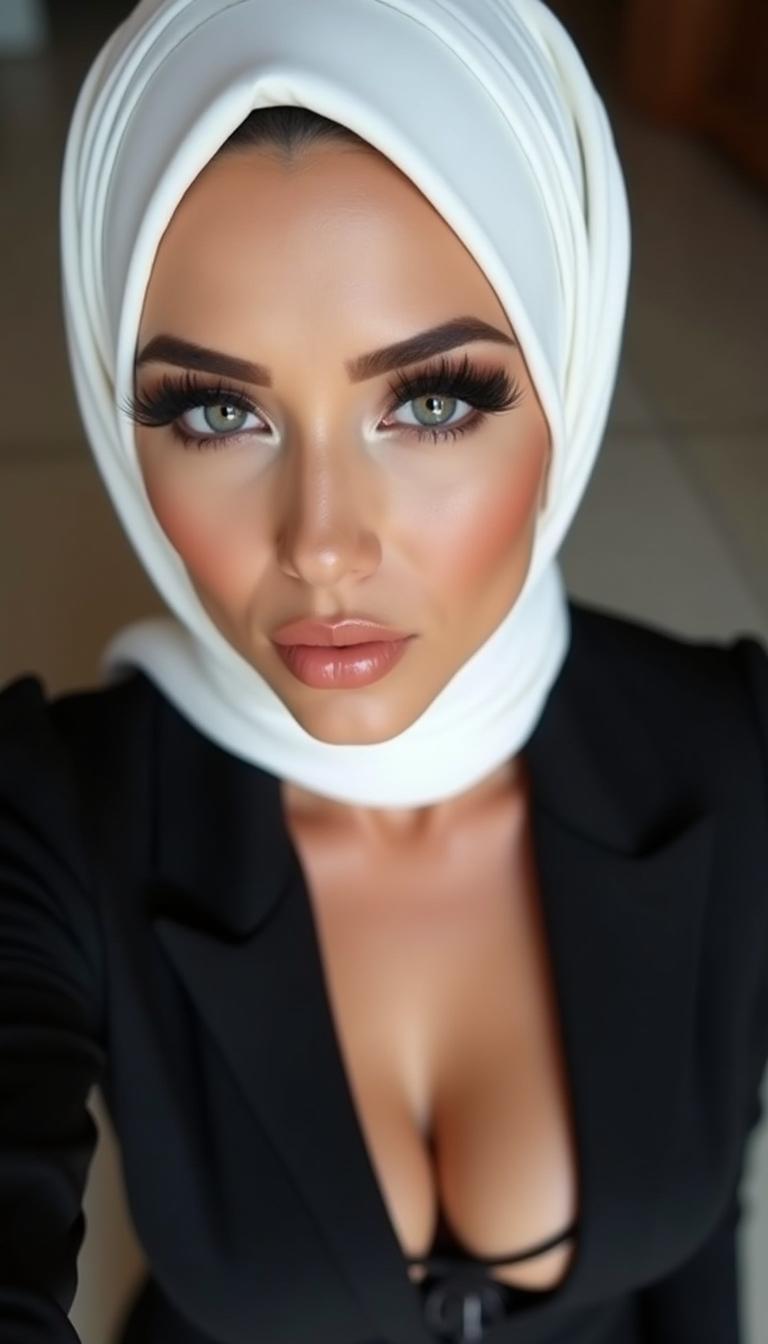 A striking selfie of a European woman in her 40s, taken from a view above