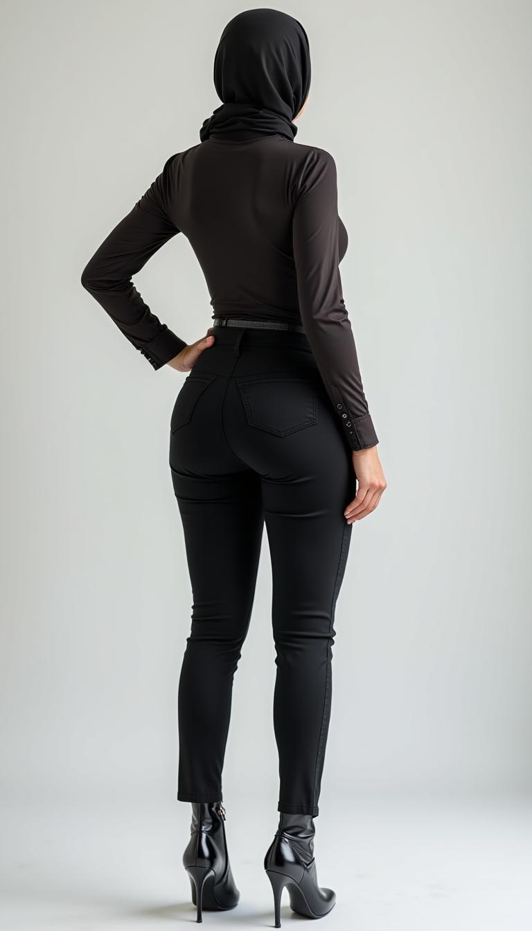 A full-body photo of a 46-year-old Slavic secretary seen from the back