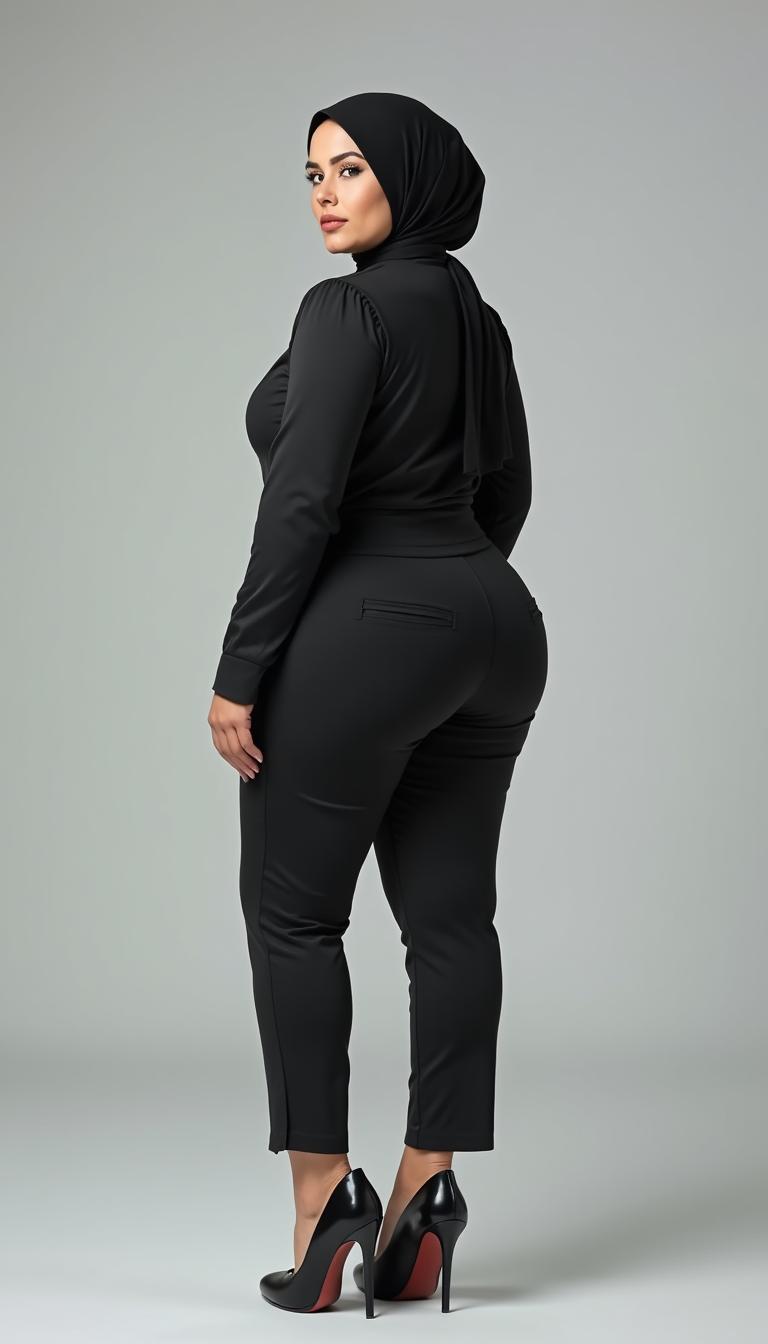 A full-body photo of a 46-year-old Slavic secretary, seen from the back but turning slightly to look into the camera