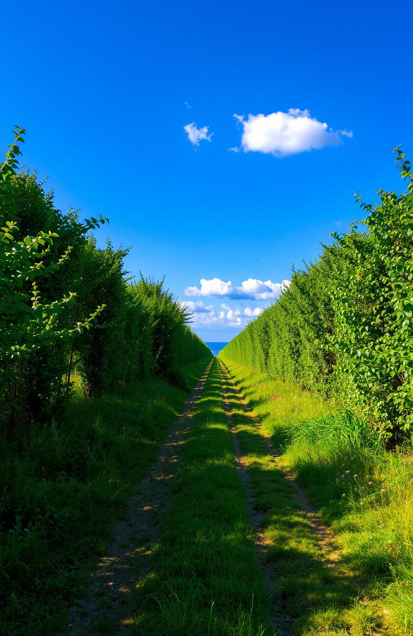 A serene straight path lined with vibrant greenery on both sides, leading toward a distant horizon under a clear blue sky