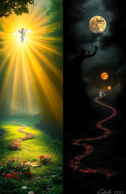 A serene and beautiful depiction of a straight, radiant path leading to Jannat, filled with lush greenery and vibrant flowers, alongside a contrasting scene of other winding paths, shrouded in darkness and chaos, leading to a haunting hellscape
