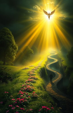 A serene and beautiful depiction of a straight, radiant path leading to Jannat, filled with lush greenery and vibrant flowers, alongside a contrasting scene of other winding paths, shrouded in darkness and chaos, leading to a haunting hellscape