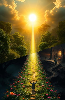A serene and beautiful depiction of a straight, radiant path leading to Jannat, filled with lush greenery and vibrant flowers, alongside a contrasting scene of other winding paths, shrouded in darkness and chaos, leading to a haunting hellscape