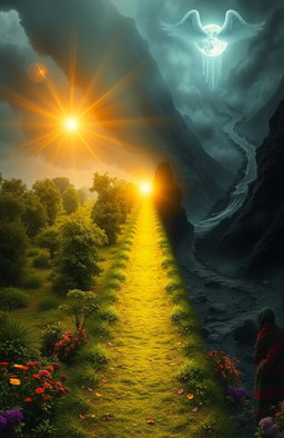 A serene and beautiful depiction of a straight, radiant path leading to Jannat, filled with lush greenery and vibrant flowers, alongside a contrasting scene of other winding paths, shrouded in darkness and chaos, leading to a haunting hellscape