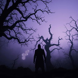 A haunting, eerie landscape at twilight, featuring a chilling forest shrouded in mist