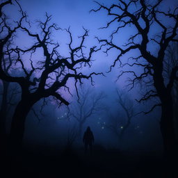 A haunting, eerie landscape at twilight, featuring a chilling forest shrouded in mist