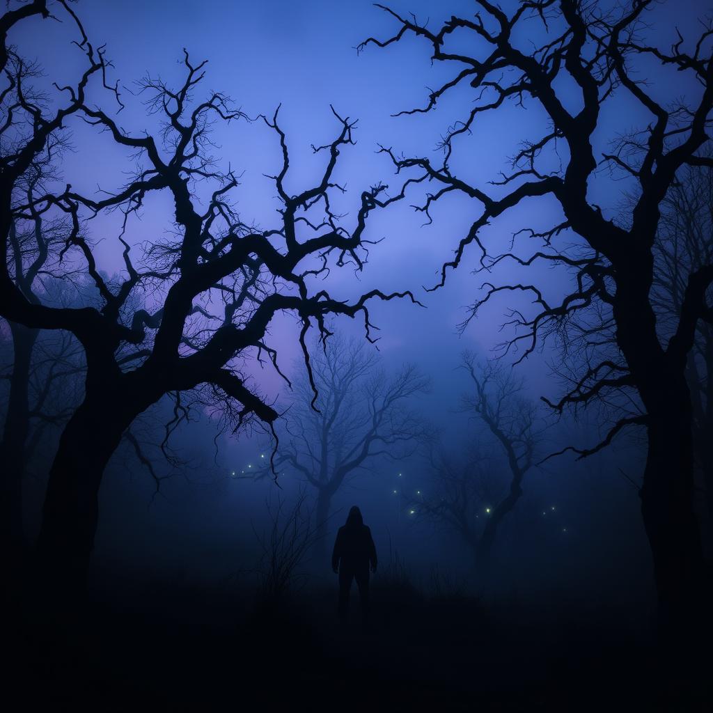 A haunting, eerie landscape at twilight, featuring a chilling forest shrouded in mist