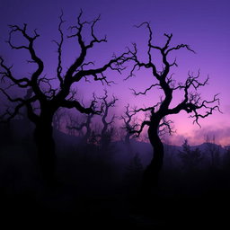 A haunting, eerie landscape at twilight, featuring a chilling forest shrouded in mist