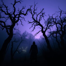 A haunting, eerie landscape at twilight, featuring a chilling forest shrouded in mist