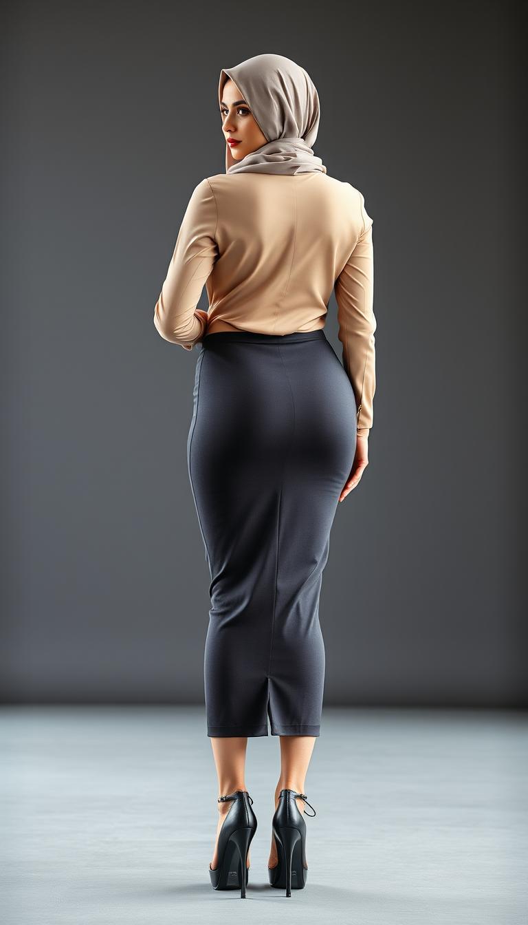 A full-body photo of a 46-year-old Slavic secretary seen from the back, looking directly into the camera