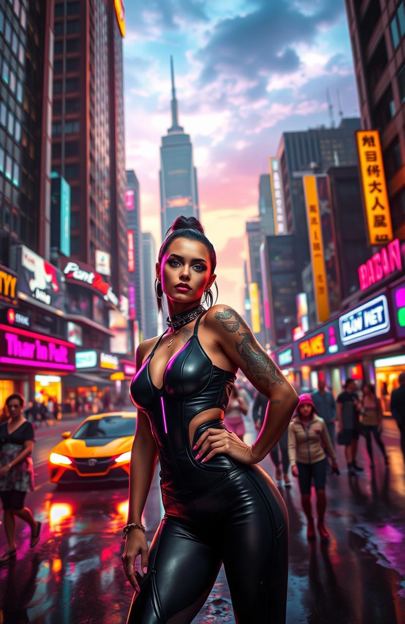 A stunning cyberpunk cityscape at night, illuminated with vibrant neon lights reflecting on wet streets
