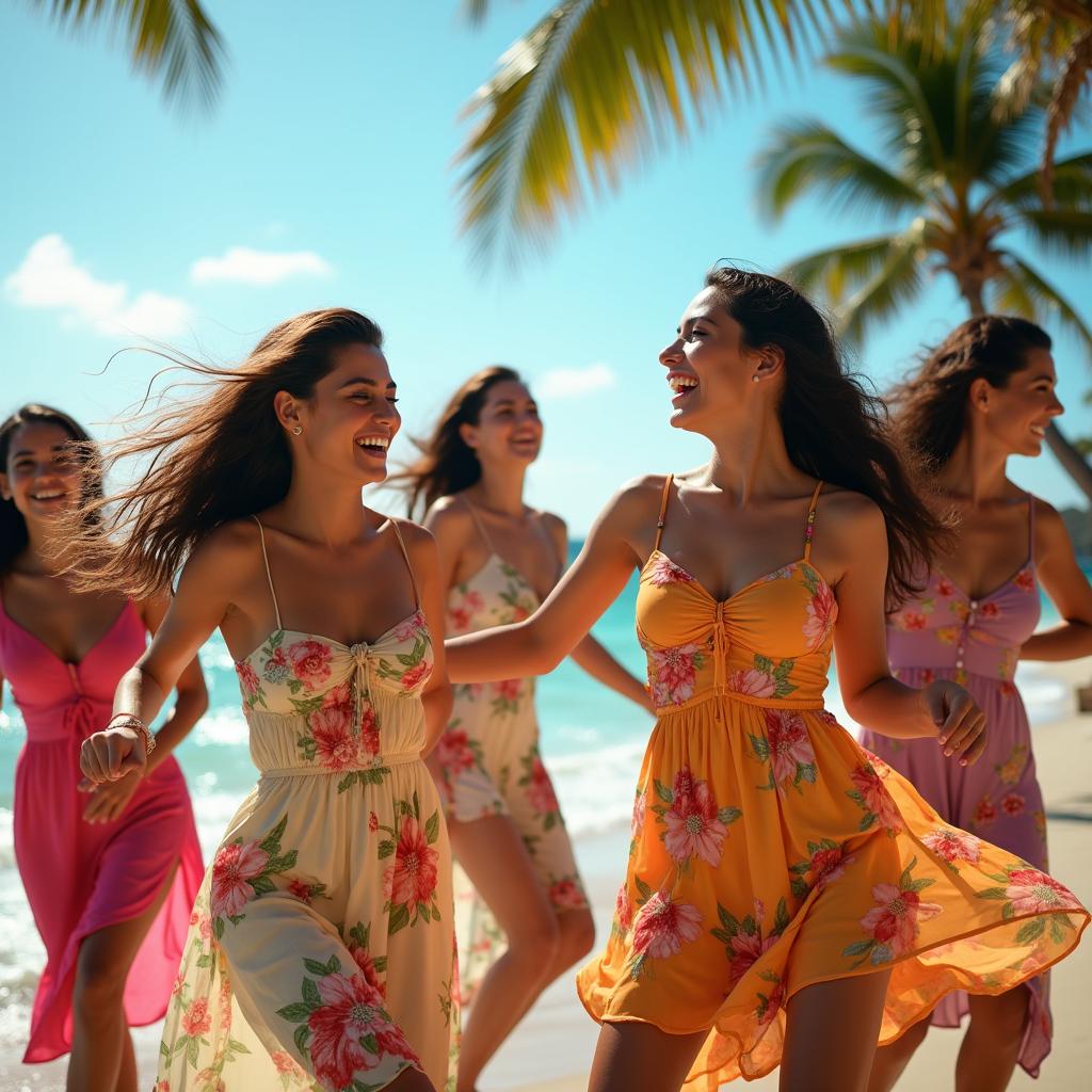 A vibrant summer scene featuring a group of Latina women joyfully dancing under a bright blue sky