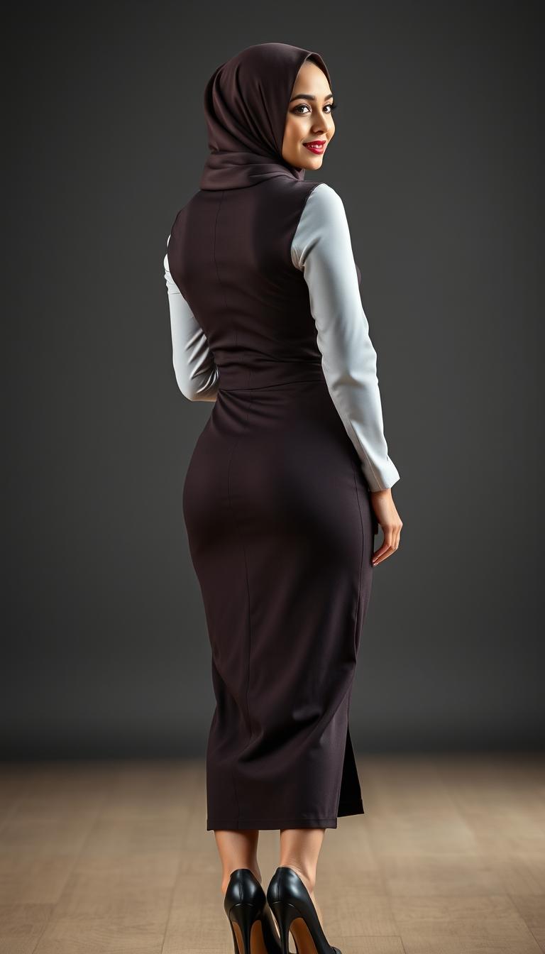 A full-body photograph of a 46-year-old Slavic secretary viewed from the back, slightly turning her upper body to face the camera