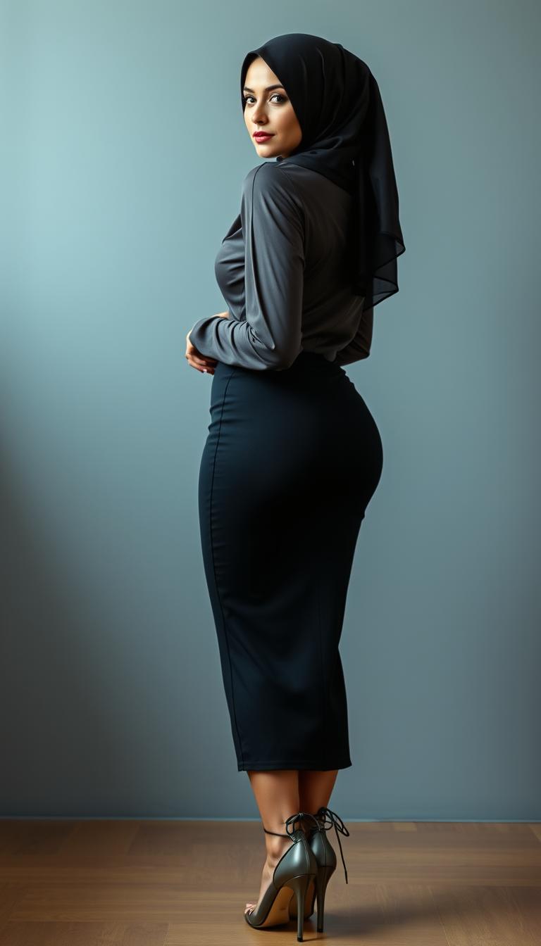 A full-body photo of a 46-year-old Slavic secretary seen from the back, turning her head to gaze into the camera