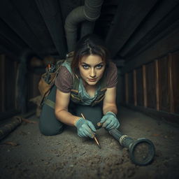 A realistic depiction of a determined woman belly crawling under an old house, working to fix broken water lines