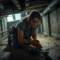 A realistic depiction of a determined woman belly crawling under an old house, working to fix broken water lines