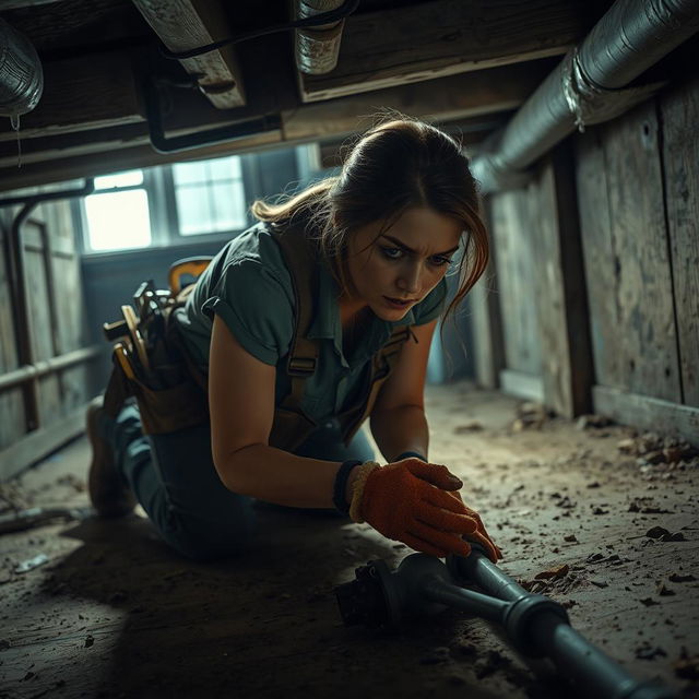 A realistic depiction of a determined woman belly crawling under an old house, working to fix broken water lines