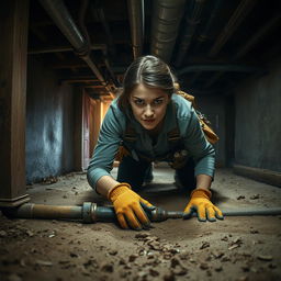 A realistic depiction of a determined woman belly crawling under an old house, working to fix broken water lines