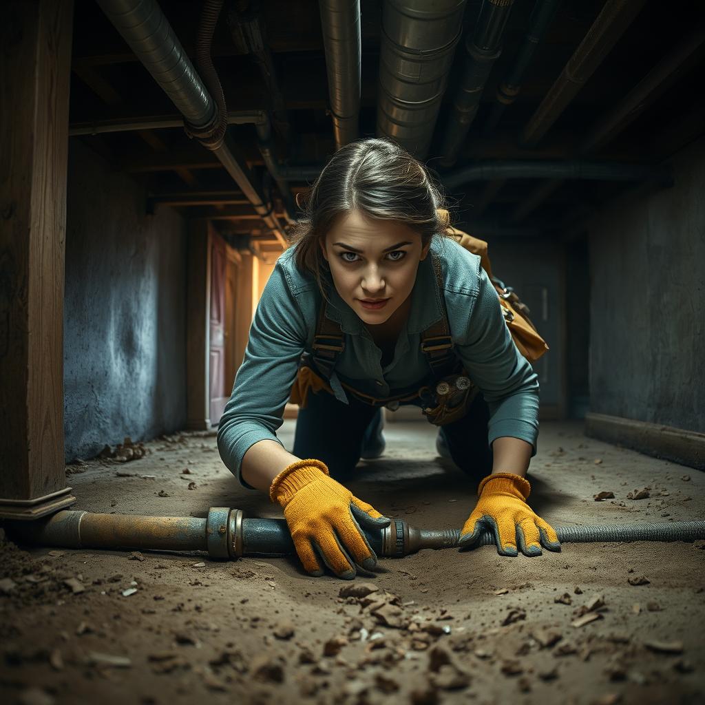 A realistic depiction of a determined woman belly crawling under an old house, working to fix broken water lines