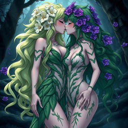 A gothic dominant anime plant girl with big breasts and thick thighs, embellished with cream white flowers in her long wavy green hair, wearing a very revealing dress crafted from plant matter