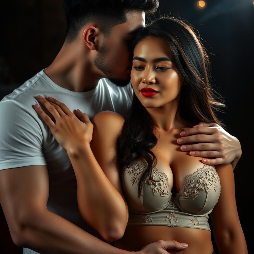 An Indonesian man with pure white skin is affectionately hugging a beautiful 28-year-old woman with a sturdy and sexy body from behind, creating a blend of intimacy and intimidation