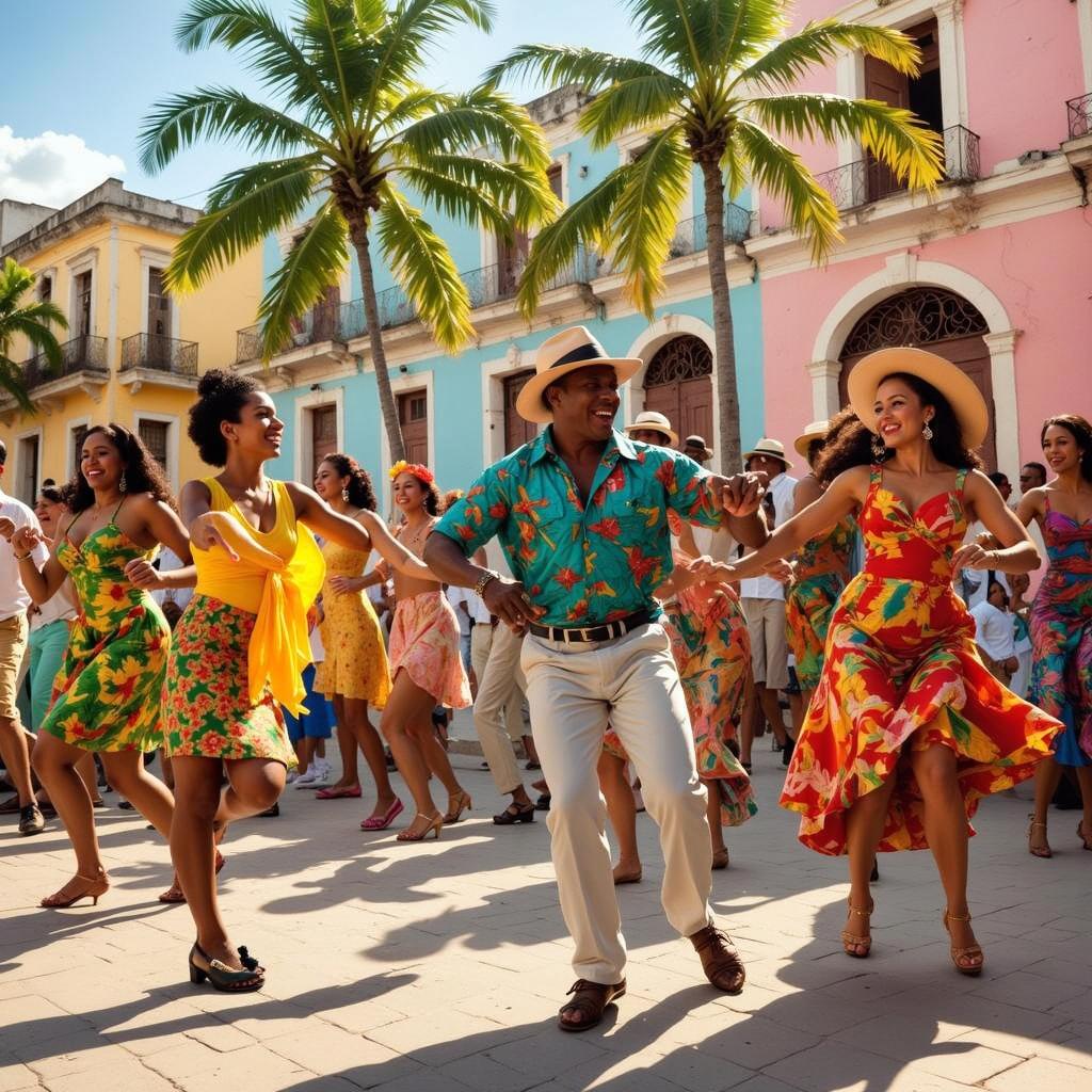 A vibrant outdoor scene featuring Cuban women dancing joyfully in a colorful plaza, surrounded by palm trees and colonial-style buildings
