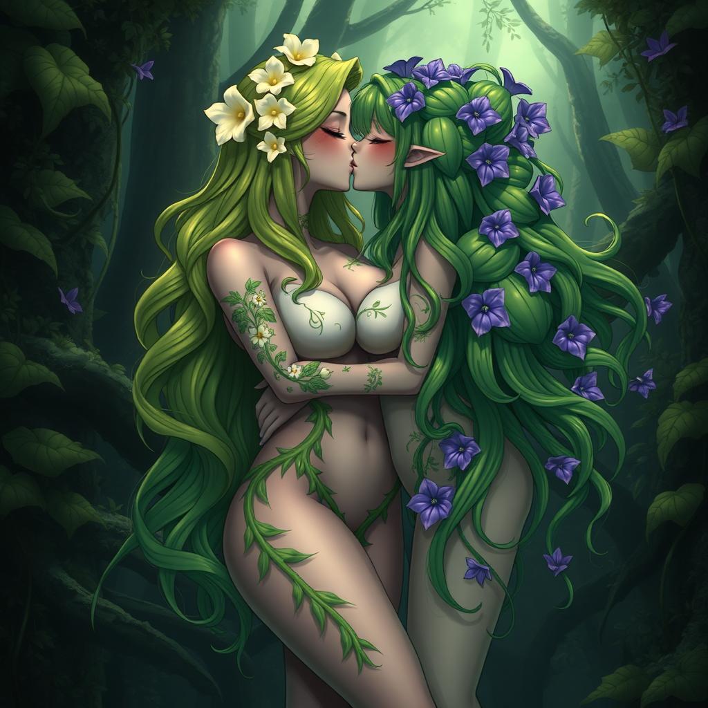 A gothic dominant anime plant girl with voluptuous breasts and thick thighs, adorned with cream white flowers in her long wavy green hair, dressed in a revealing dress made from vibrant plant matter