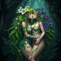A gothic dominant anime plant girl with voluptuous breasts and thick thighs, adorned with cream white flowers in her long wavy green hair, dressed in a revealing dress made from vibrant plant matter