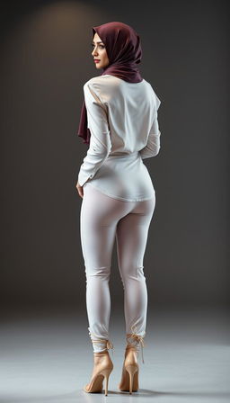 A striking full-body photograph of a 46-year-old Slavic secretary seen from the back, turning to engage with the camera