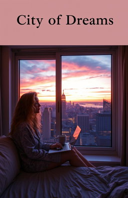 A young American woman, 21 years old, with long, curly blonde hair, sitting by an apartment window with a breathtaking view of New York City at sunset