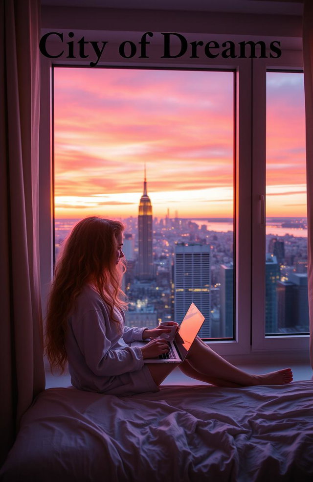 A young American woman, 21 years old, with long, curly blonde hair, sitting by an apartment window with a breathtaking view of New York City at sunset