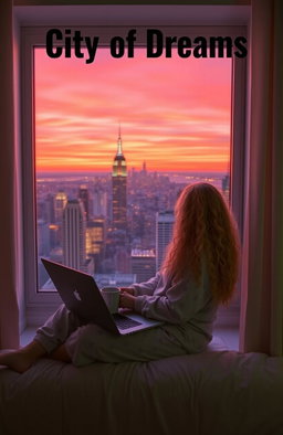 A young American woman, 21 years old, with long, curly blonde hair, sitting by an apartment window with a breathtaking view of New York City at sunset