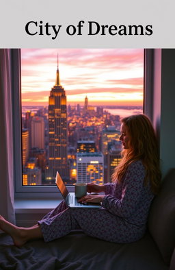 A young American woman, 21 years old, with long, curly blonde hair, sitting by an apartment window with a breathtaking view of New York City at sunset