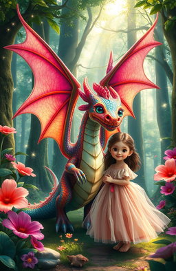 A whimsical scene in a lush forest, featuring a vibrant, fantastical dragon with colorful scales and large, shimmering wings