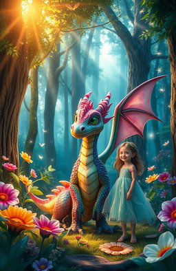 A whimsical scene in a lush forest, featuring a vibrant, fantastical dragon with colorful scales and large, shimmering wings