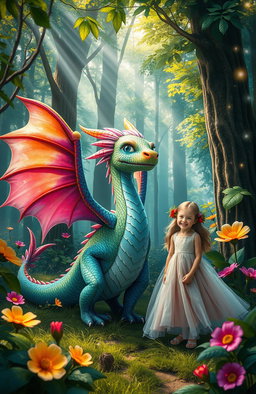 A whimsical scene in a lush forest, featuring a vibrant, fantastical dragon with colorful scales and large, shimmering wings