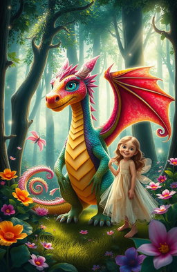 A whimsical scene in a lush forest, featuring a vibrant, fantastical dragon with colorful scales and large, shimmering wings