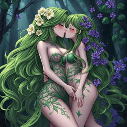 A gothic dominant anime plant girl with big breasts and thick thighs, adorned with cream white flowers in her long wavy green hair, dressed in a very revealing dress made from intricate plant matter
