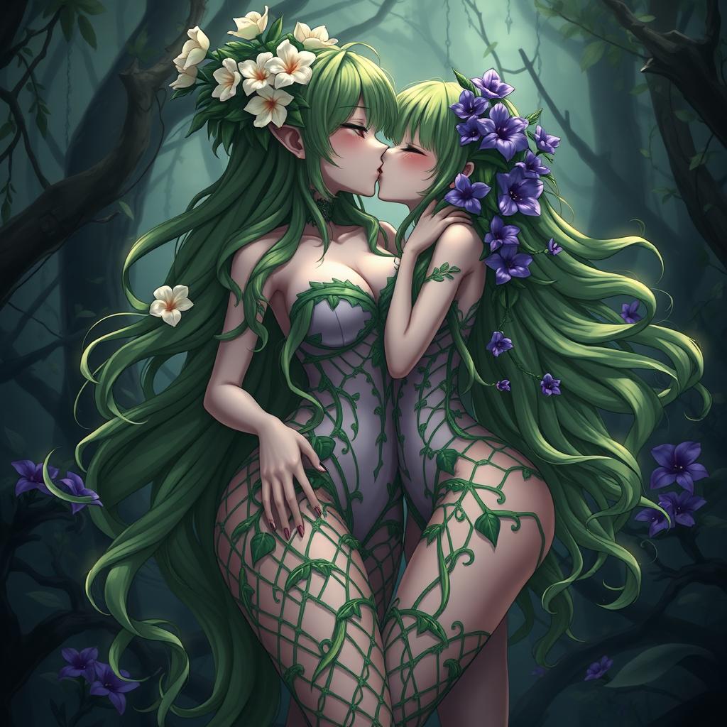 A gothic dominant anime plant girl with big breasts and thick thighs, adorned with cream white flowers in her long wavy green hair, dressed in a very revealing dress made from intricate plant matter