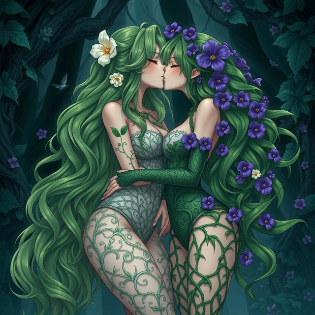 A gothic dominant anime plant girl with big breasts and thick thighs, adorned with cream white flowers in her long wavy green hair, dressed in a very revealing dress made from intricate plant matter