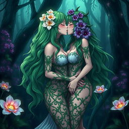 A gothic dominant anime plant girl with big breasts and thick thighs, adorned with cream white flowers in her long wavy green hair, dressed in a very revealing dress made from intricate plant matter