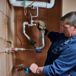 A dedicated plumber, dressed in work attire, using his tools to diligently fix a leaking pipe within a residential setting.