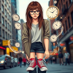 A fashionable young woman with straight, layered brown hair and clear skin, wearing trendy glasses