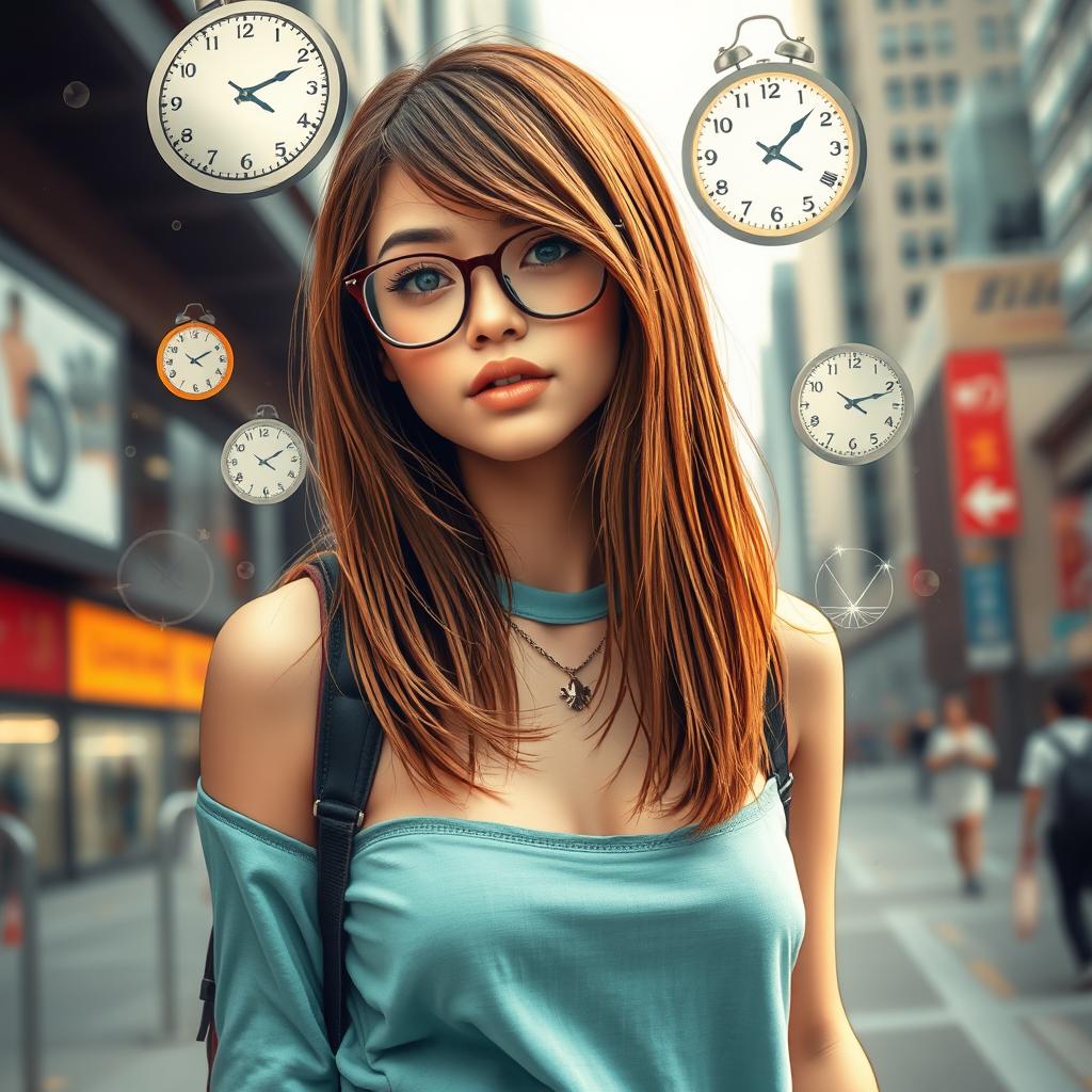 A fashionable young woman with straight, layered brown hair and clear skin, wearing trendy glasses