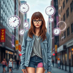 A fashionable young woman with straight, layered brown hair and clear skin, wearing trendy glasses