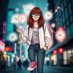 A fashionable young woman with straight, layered brown hair and clear skin, wearing trendy glasses