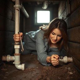 A realistic scene of a woman in her pajamas and a jacket, belly and elbows crawling in a cramped space under her house to repair broken CPVC water lines