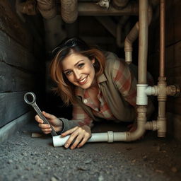 A realistic scene of a woman in her pajamas and a jacket, belly and elbows crawling in a cramped space under her house to repair broken CPVC water lines
