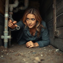 A realistic scene of a woman in her pajamas and a jacket, belly and elbows crawling in a cramped space under her house to repair broken CPVC water lines